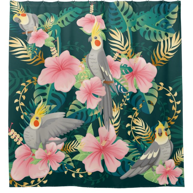Seamless pattern cute cockatiel parrot sits on gre (Front)