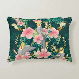 Seamless pattern cute cockatiel parrot sits on gre accent pillow
