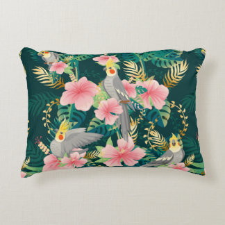 Seamless pattern cute cockatiel parrot sits on gre accent pillow