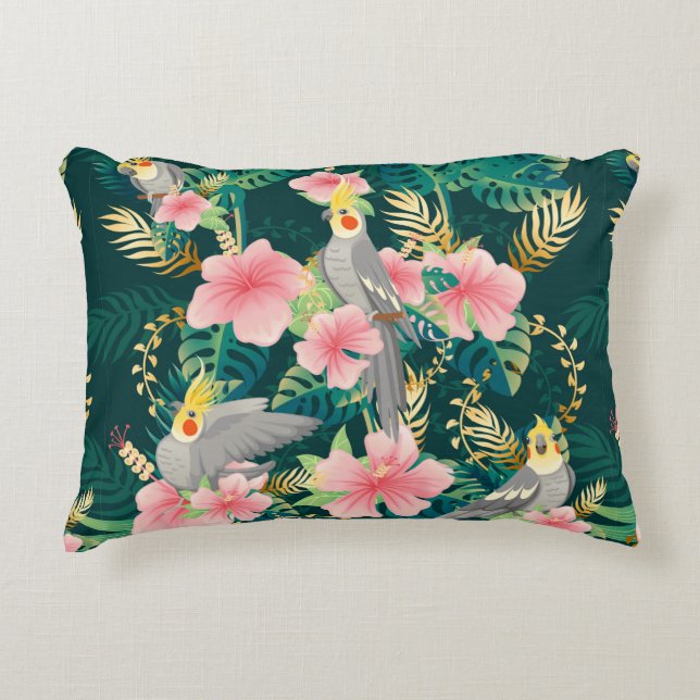 Seamless pattern cute cockatiel parrot sits on gre accent pillow (Front)