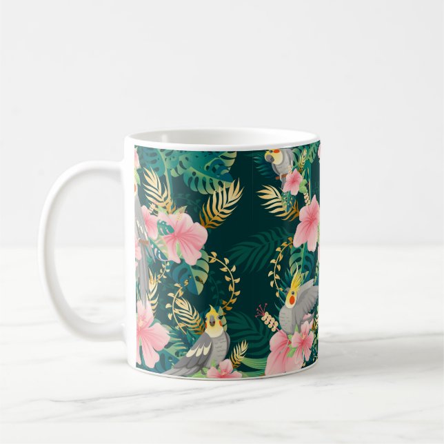 Seamless pattern cute cockatiel parrot sits on gre coffee mug (Left)