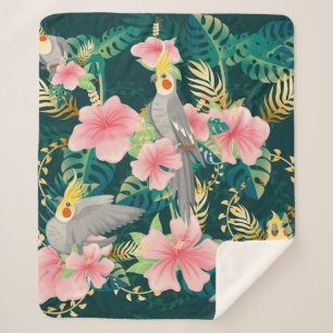 Seamless pattern cute cockatiel parrot sits on gre sherpa blanket