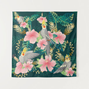 Seamless pattern cute cockatiel parrot sits on gre tapestry