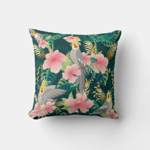 Seamless pattern cute cockatiel parrot sits on gre throw pillow