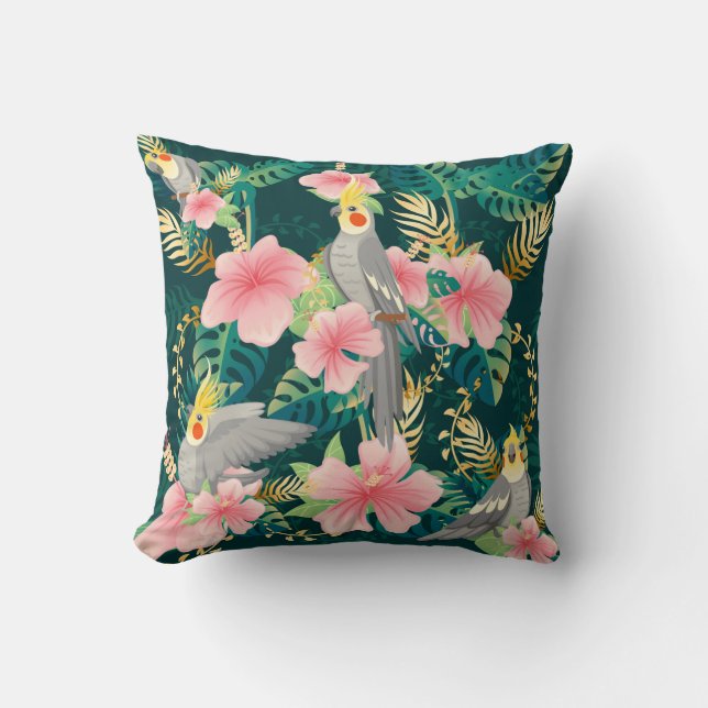 Seamless pattern cute cockatiel parrot sits on gre throw pillow (Front)