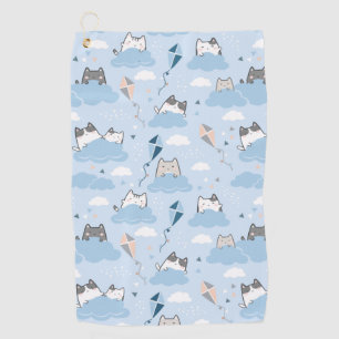 Seamless Pattern Cute Kawaii Cats clouds kite Golf Towel