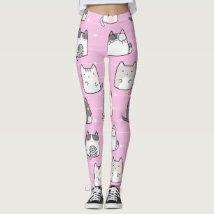 Seamless Pattern Cute Kawaii Cats heart line Leggings