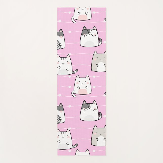 Seamless Pattern Cute Kawaii Cats heart line Yoga Mat (Front)