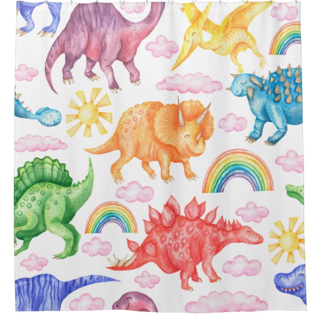 Seamless pattern depicting colored dinosaurs, rain (Front)