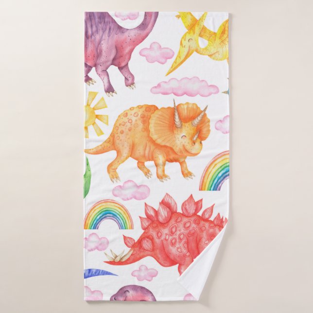 Seamless pattern depicting colored dinosaurs, rain bath towel (Bath Towel)