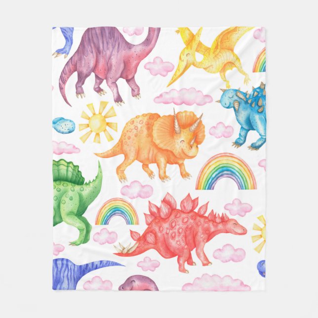 Seamless pattern depicting colored dinosaurs, rain fleece blanket (Front)