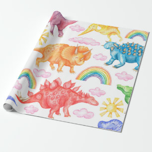 Seamless pattern depicting colored dinosaurs, rain wrapping paper