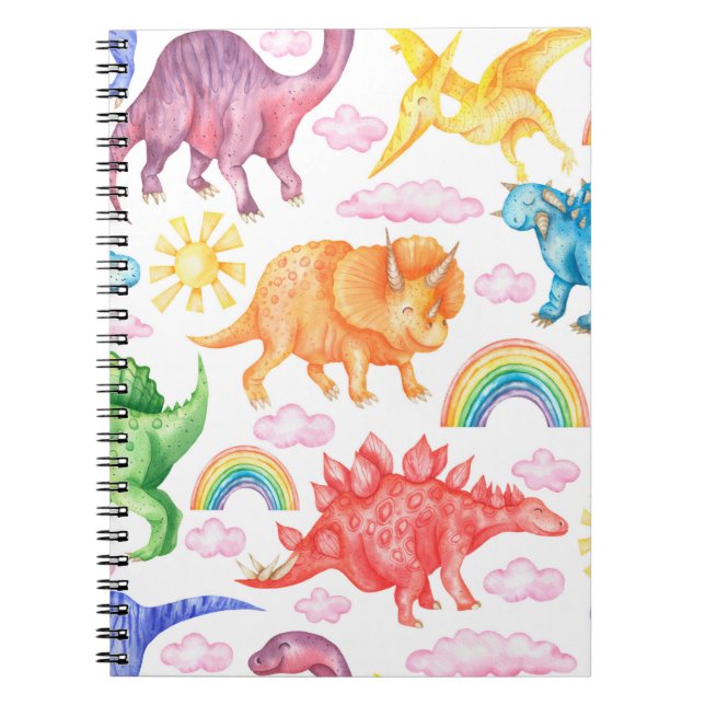 Seamless pattern depicting coloured dinosaurs, rai notebook (Front)