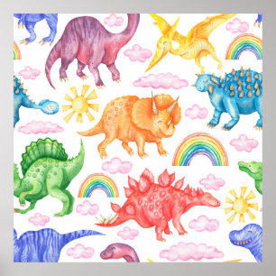Seamless pattern depicting coloured dinosaurs, rai poster