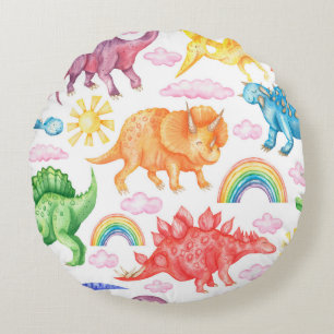 Seamless pattern depicting coloured dinosaurs, rai round pillow