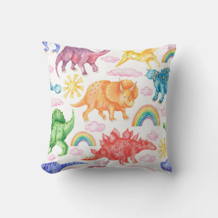 Seamless pattern depicting coloured dinosaurs, rai throw pillow