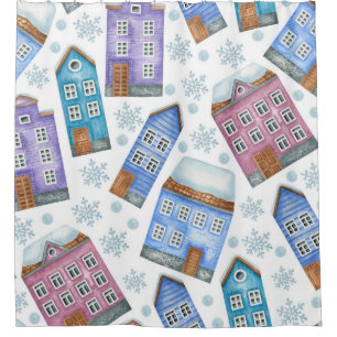 Seamless pattern depicting winter houses and snowf
