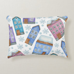 Seamless pattern depicting winter houses and snowf accent pillow