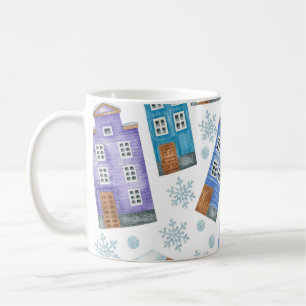 Seamless pattern depicting winter houses and snowf coffee mug