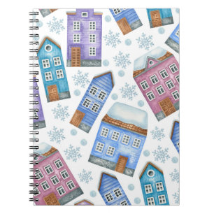 Seamless pattern depicting winter houses and snowf notebook
