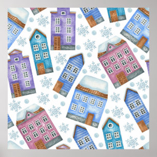 Seamless pattern depicting winter houses and snowf poster