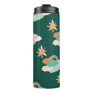 Seamless pattern design with colourful clouds and  thermal tumbler
