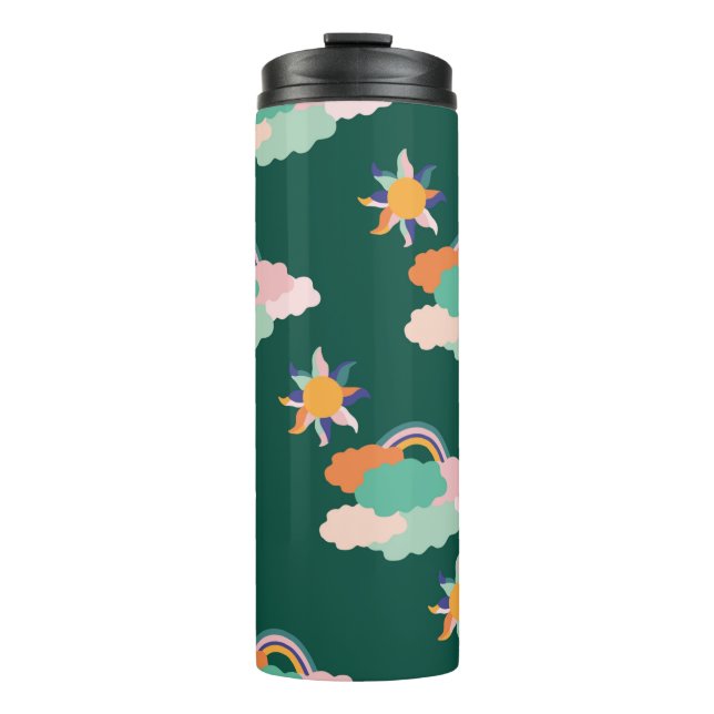 Seamless pattern design with colourful clouds and  thermal tumbler (Front)
