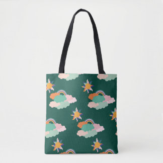 Seamless pattern design with colourful clouds and  tote bag