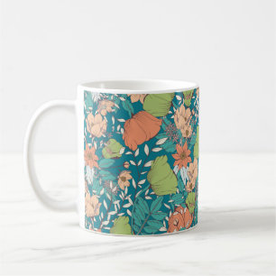 Seamless pattern design with hand drawn flowers an coffee mug