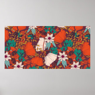 Seamless pattern design with hand drawn flowers an poster