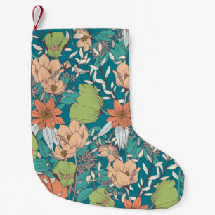 Seamless pattern design with hand drawn flowers an small christmas stocking