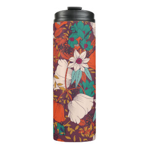 Seamless pattern design with hand drawn flowers an thermal tumbler