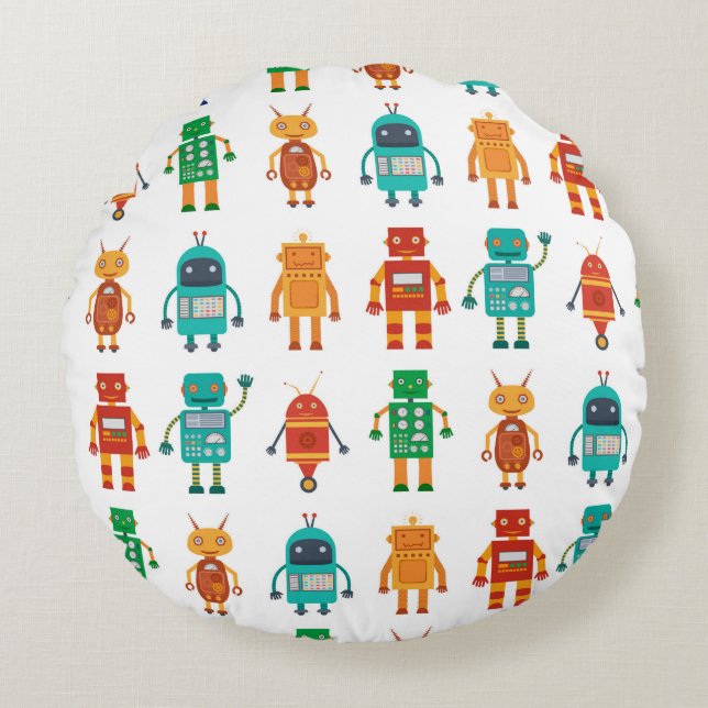 Seamless pattern from colourful retro robots in a  round pillow (Front)