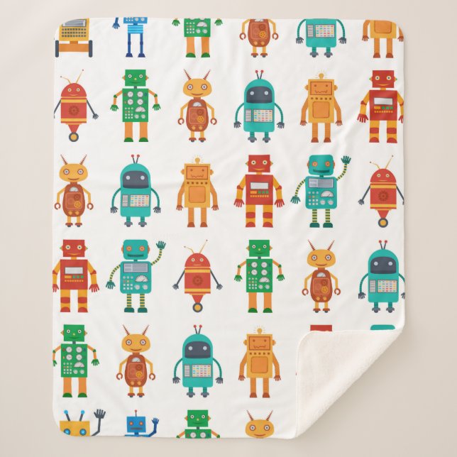 Seamless pattern from colourful retro robots in a  sherpa blanket (Front)