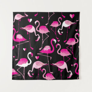 Seamless pattern from pink flamingos on a dark bac tapestry