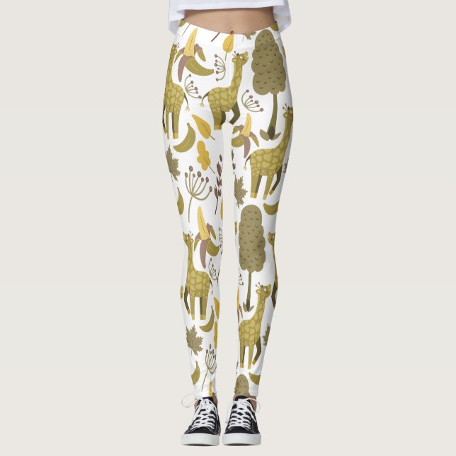Seamless pattern Giraffe yellow white background Leggings (Front)