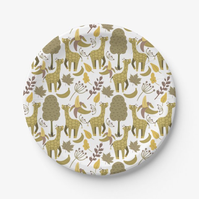 Seamless pattern Giraffe yellow white background Paper Plate (Front)