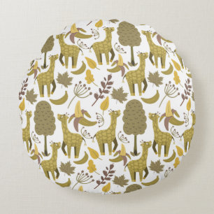 Seamless pattern Giraffe yellow white background Round Pillow