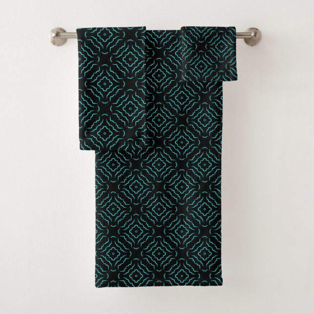 Seamless Pattern In Bright Turquoise On Black Bath Towel Set (Insitu)