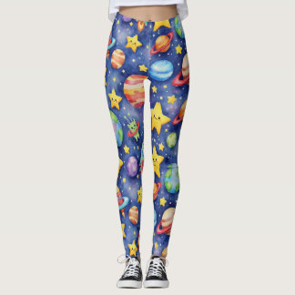 Seamless Pattern of a Cartoon Galaxy Leggings