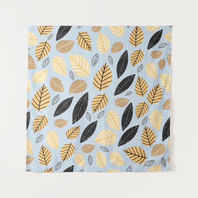 Seamless pattern of autumn leaves on a blue backgr tapestry (Front)