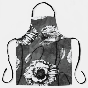 Seamless pattern of black and white poppies. Illus Apron