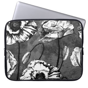 Seamless pattern of black and white poppies. Illus Laptop Sleeve