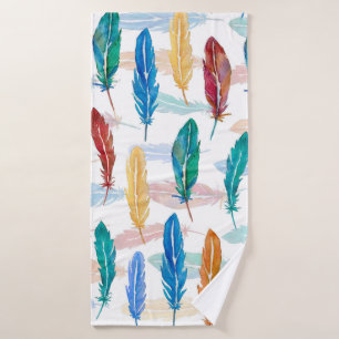 Seamless pattern of bright feathers painted in wat bath towel