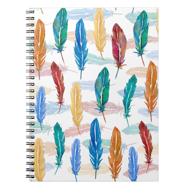 Seamless pattern of bright feathers painted in wat notebook (Front)