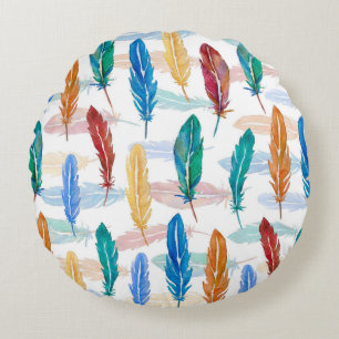 Seamless pattern of bright feathers painted in wat round pillow