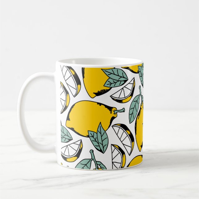 Seamless pattern of bright hand drawn lemons,halfs coffee mug (Left)