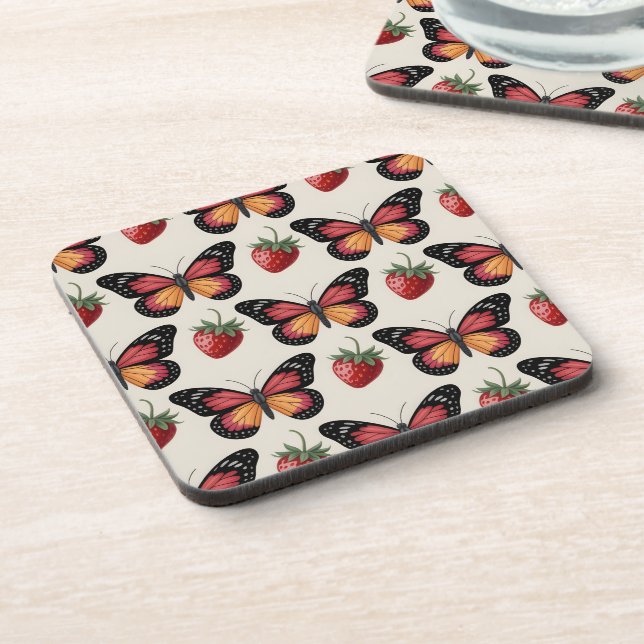 Seamless Pattern of Butterflies and Strawberries Coaster (Left Side)