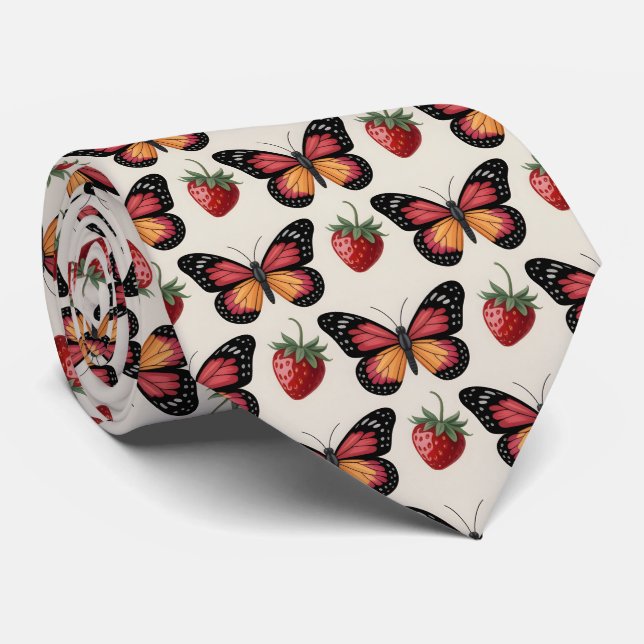 Seamless Pattern of Butterflies and Strawberries Tie (Rolled)