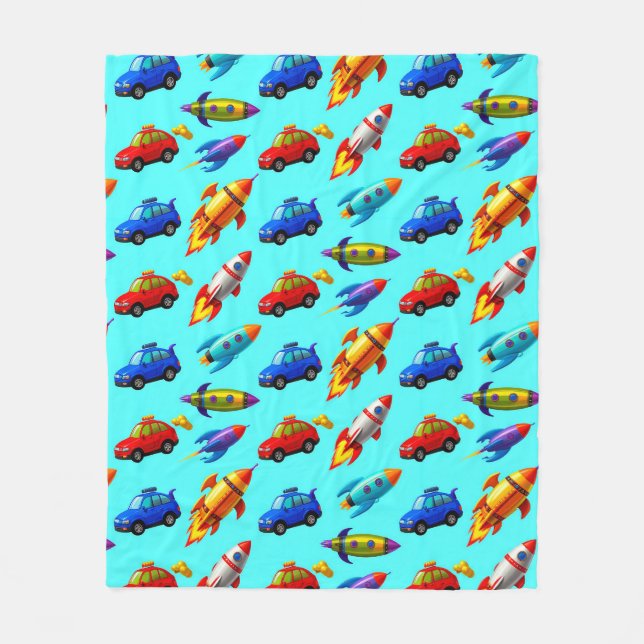 Seamless Pattern of Cars, Rockets, and Stars Fleece Blanket (Front)